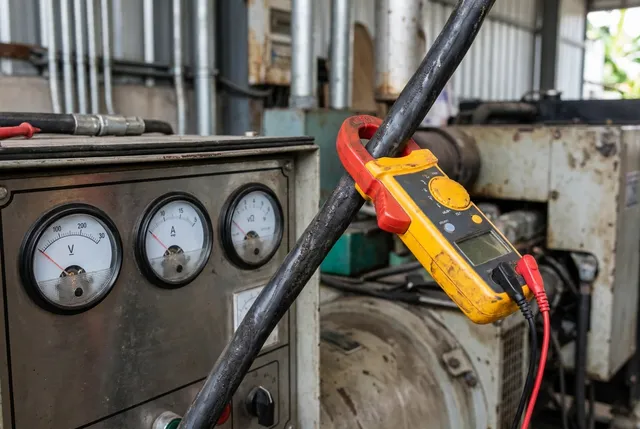 Technician measuring generator output with a multimeter during load testing in Bali
