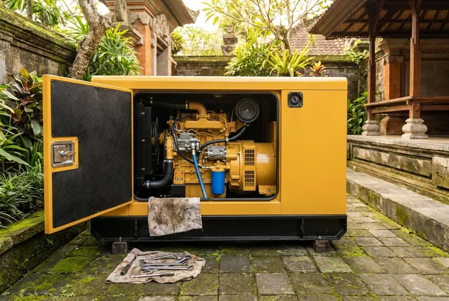 Engineer servicing a diesel generator with new oil filter in Bali