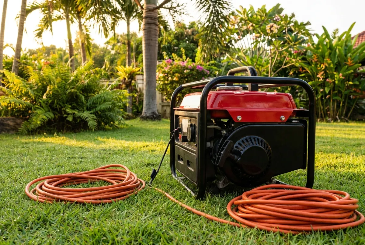 Silent portable generator positioned for an event rental at a Bali venue