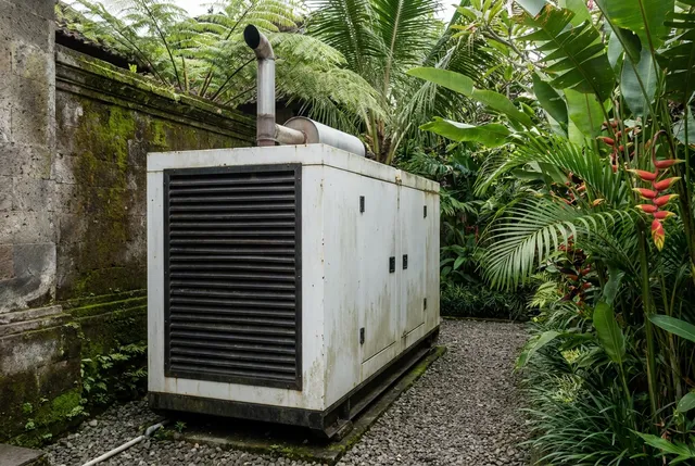 Soundproof generator enclosure canopy installed beside a Bali villa wall